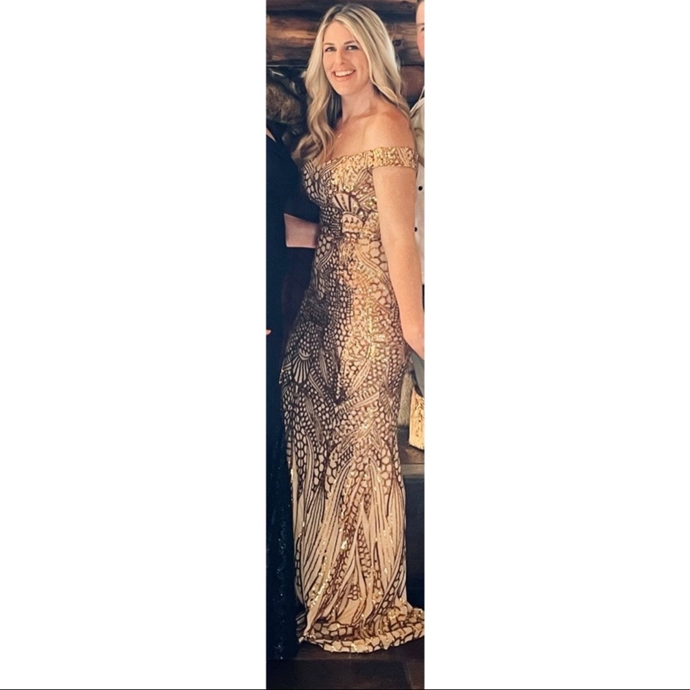 Maxi, gold formal dress - sequins/off the shoulder